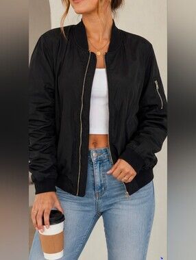INSO Collection Black Bomber Jacket Womens XL Lightweight Zip Flight Jacket